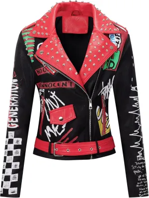 Bellivera Faux Leather Jacket for Women Studded Rivet Floral Moto Biker Short Lapel Coat