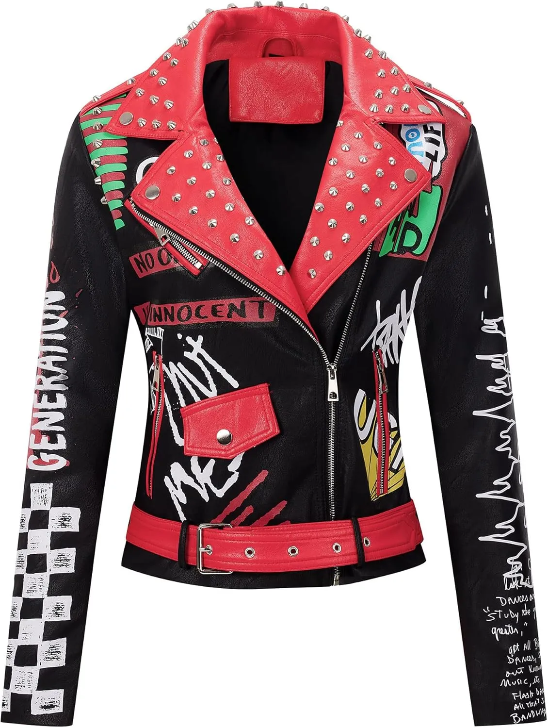 Bellivera Faux Leather Jacket for Women Studded Rivet Floral Moto Biker Short Lapel Coat