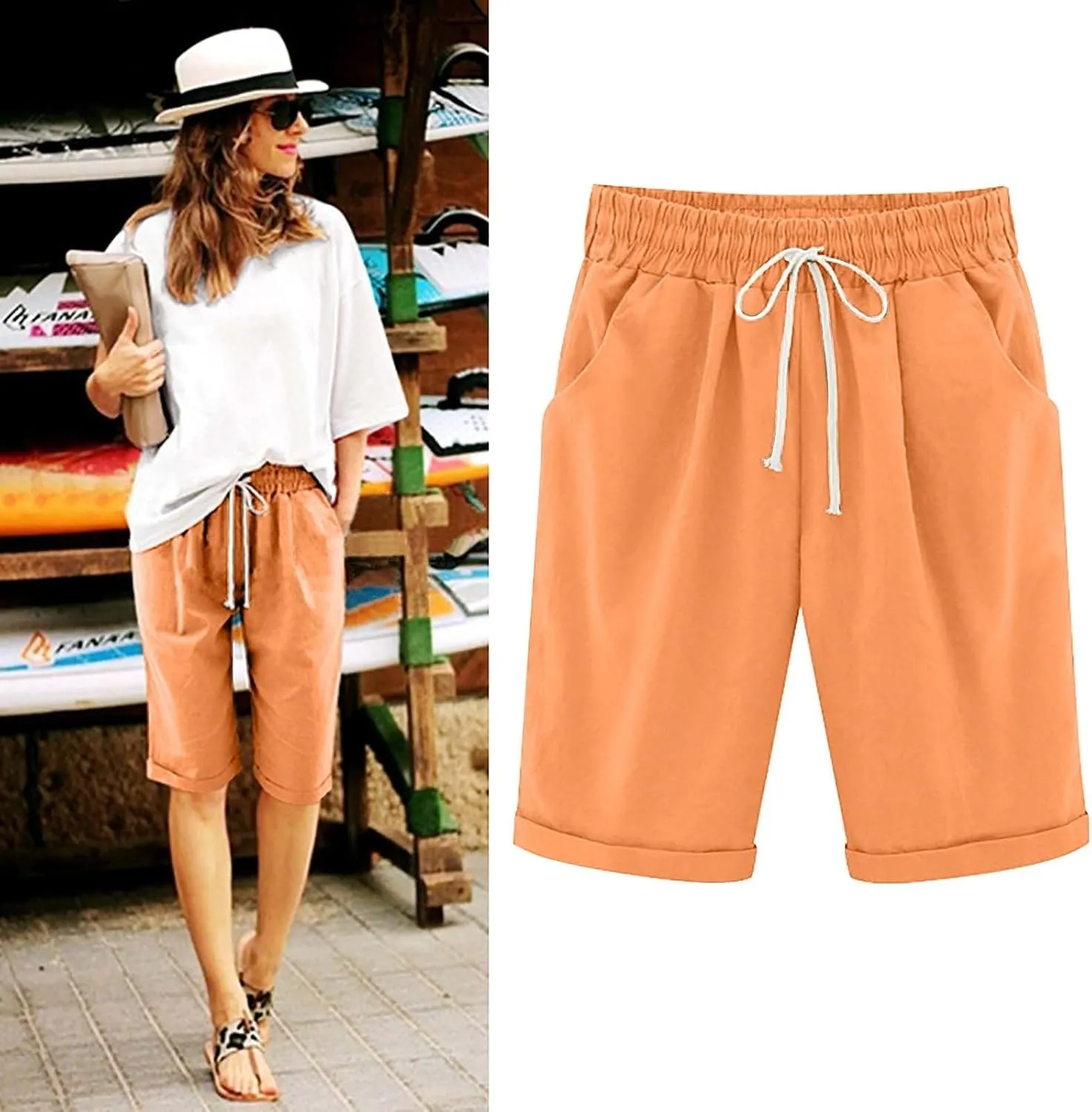 Bermuda Shorts for Women 2025 Casual Summer Beach Drawstring Shorts with Pocket Knee Length Loose Cute Vacation Short