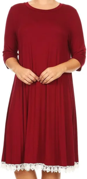 BNY Corner Women Plus Size Solid Fit Flare Crochet Lace Trim Midi Casual Dress