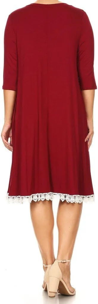 BNY Corner Women Plus Size Solid Fit Flare Crochet Lace Trim Midi Casual Dress