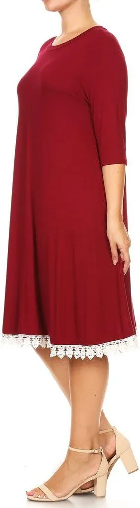 BNY Corner Women Plus Size Solid Fit Flare Crochet Lace Trim Midi Casual Dress