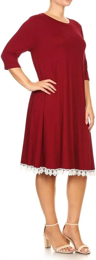 BNY Corner Women Plus Size Solid Fit Flare Crochet Lace Trim Midi Casual Dress