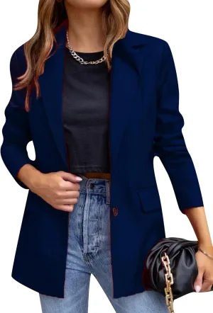 BOFETA Women's Long Sleeve Faux Leather Blazer Solid Color Lapel Neck Work Blazer Jacket Coat with Pockets