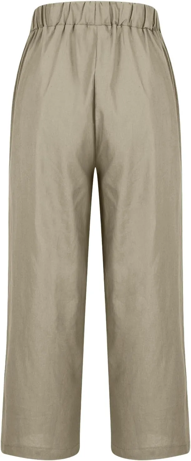 Boho Linen Pants for Women Solid Color Casual Cropped Capri Pants Summer Drawstring Straight Leg Trousers