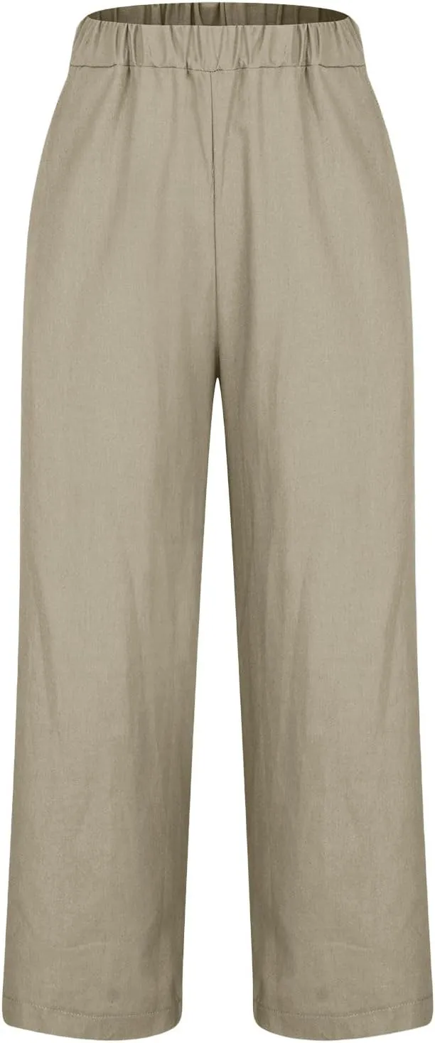 Boho Linen Pants for Women Solid Color Casual Cropped Capri Pants Summer Drawstring Straight Leg Trousers