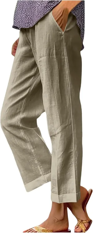 Boho Linen Pants for Women Solid Color Casual Cropped Capri Pants Summer Drawstring Straight Leg Trousers