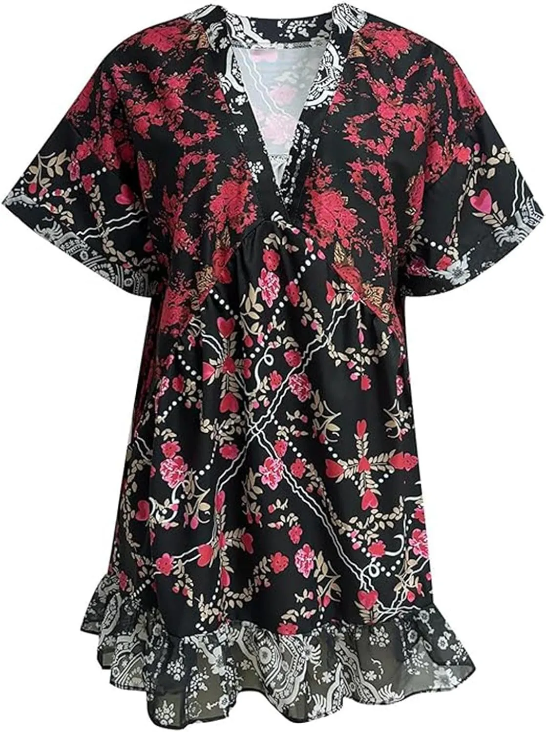 Boho Summer Floral Sundresses for Women 2024 Babydoll Flowy Short Sleeve Beach Mini Dress Deep V-Neck T-Shirt Dresses