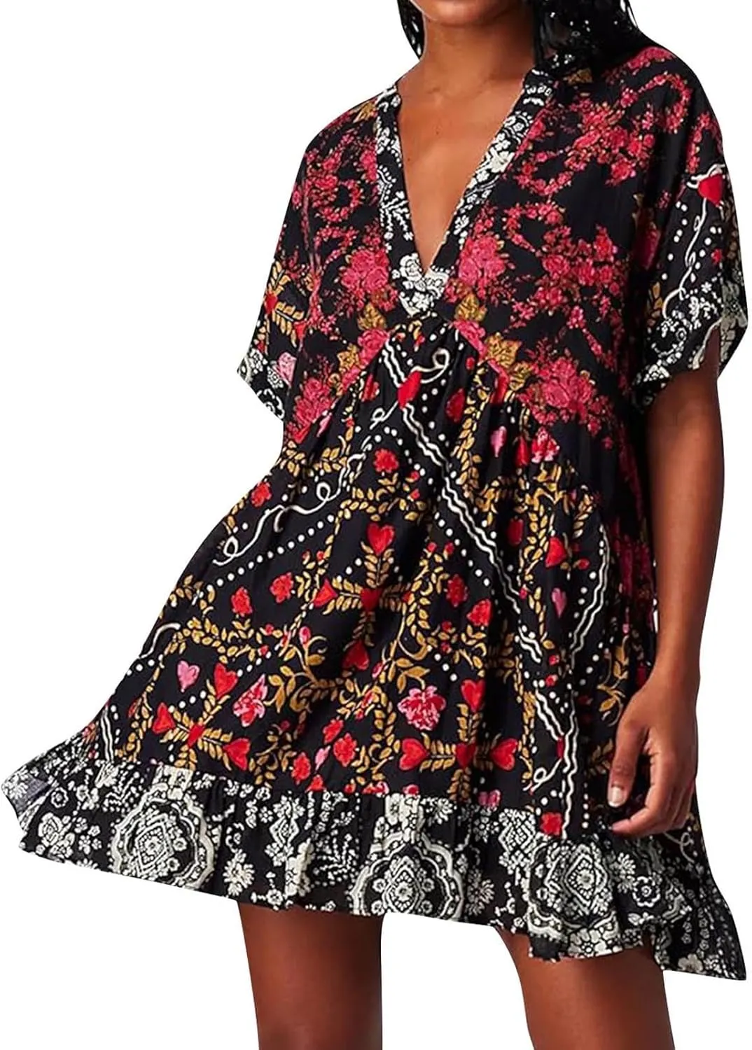 Boho Summer Floral Sundresses for Women 2024 Babydoll Flowy Short Sleeve Beach Mini Dress Deep V-Neck T-Shirt Dresses