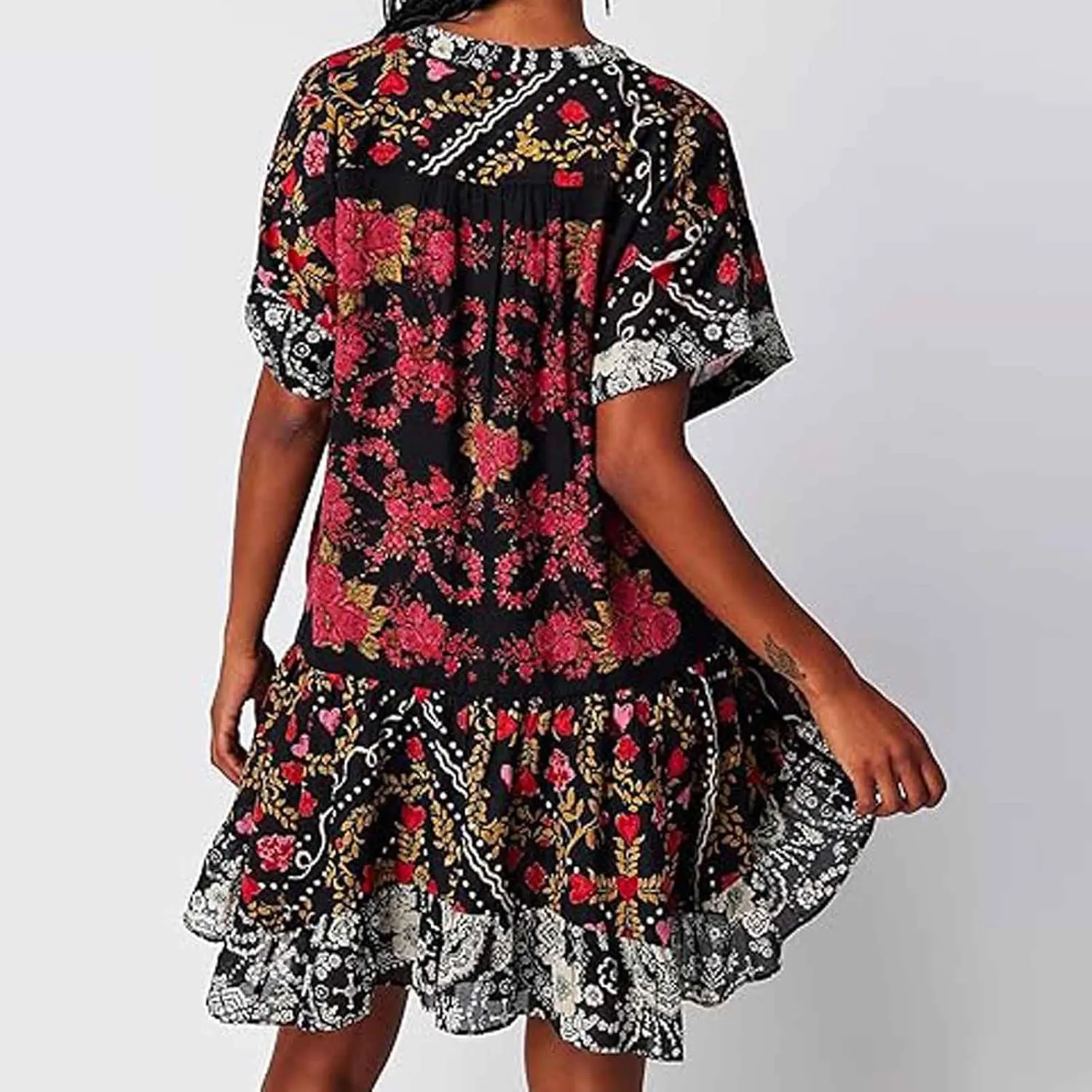 Boho Summer Floral Sundresses for Women 2024 Babydoll Flowy Short Sleeve Beach Mini Dress Deep V-Neck T-Shirt Dresses