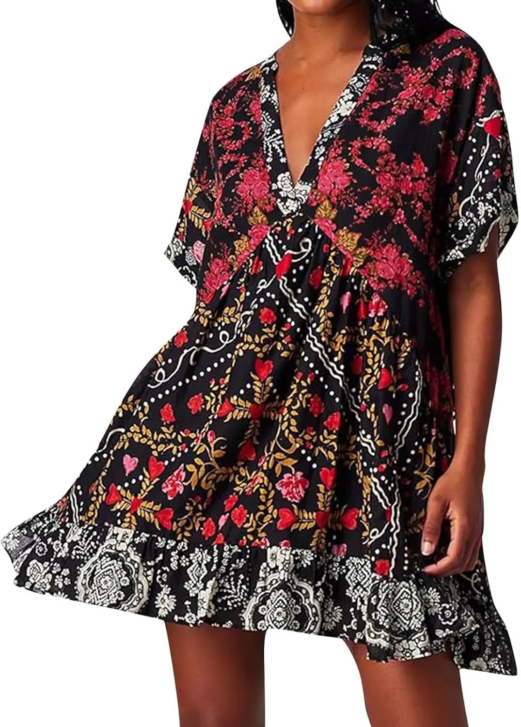 Boho Summer Floral Sundresses for Women 2024 Babydoll Flowy Short Sleeve Beach Mini Dress Deep V-Neck T-Shirt Dresses