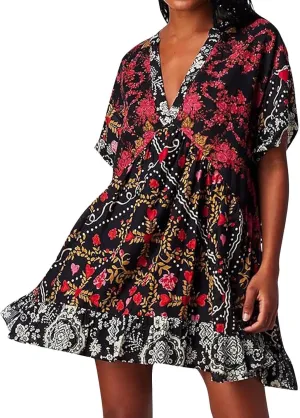 Boho Summer Floral Sundresses for Women 2024 Babydoll Flowy Short Sleeve Beach Mini Dress Deep V-Neck T-Shirt Dresses