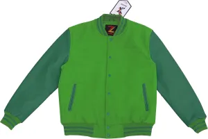 Bomber Jacket Men Motorcycle Biker Racer Baseball Letterman Varsity Jacket Wool Cowhide Leather Dark Green Sleeve