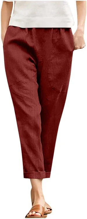 Borniu Womens Linen Pants with Pockets High Waist Comfy Solid Color Elastic Waist Pants Casual Lightweight Loose Trousers