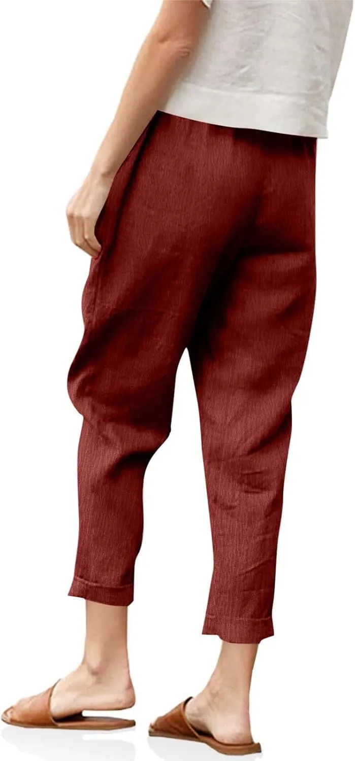 Borniu Womens Linen Pants with Pockets High Waist Comfy Solid Color Elastic Waist Pants Casual Lightweight Loose Trousers