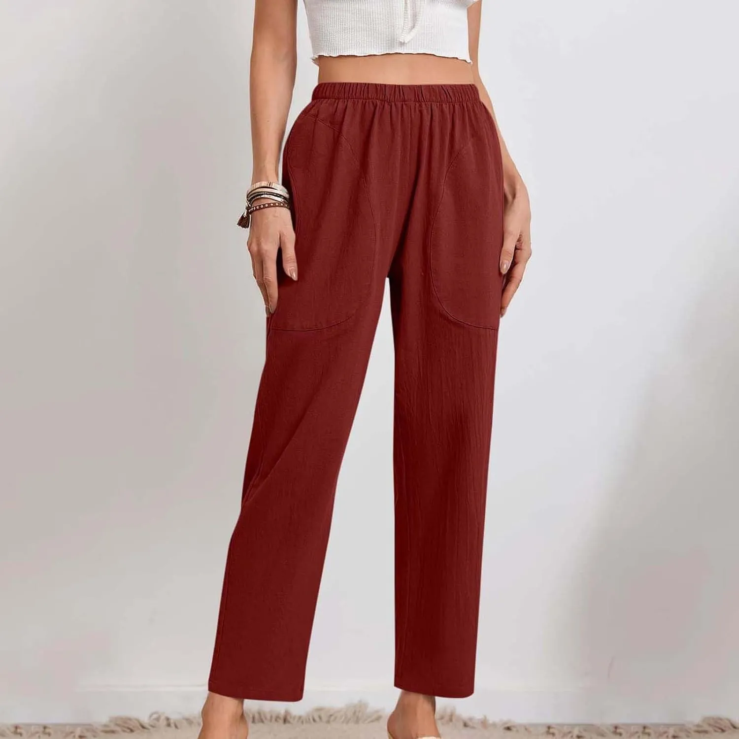 Borniu Womens Linen Pants with Pockets High Waist Comfy Solid Color Elastic Waist Pants Casual Lightweight Loose Trousers