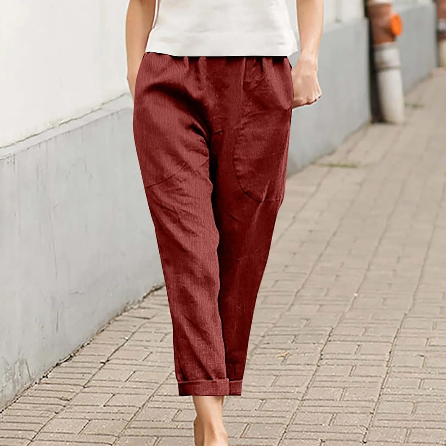Borniu Womens Linen Pants with Pockets High Waist Comfy Solid Color Elastic Waist Pants Casual Lightweight Loose Trousers