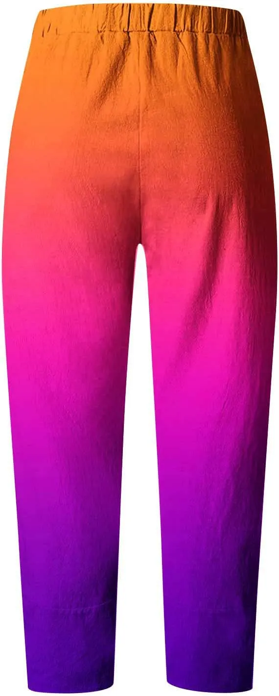 BZGTZT Capri Linen Pants for Women Lounge Pants High Waist Casual Gradient Summer Loose Fit Sweatpants Tapered Trousers