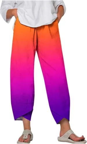 BZGTZT Capri Linen Pants for Women Lounge Pants High Waist Casual Gradient Summer Loose Fit Sweatpants Tapered Trousers