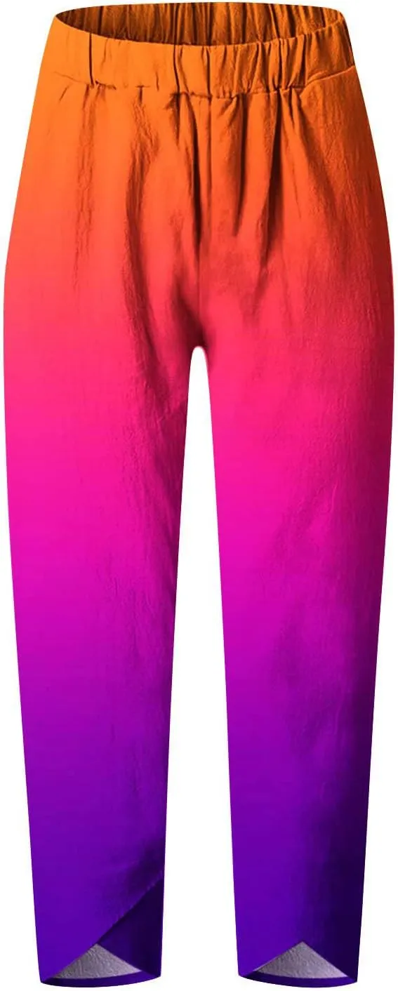 BZGTZT Capri Linen Pants for Women Lounge Pants High Waist Casual Gradient Summer Loose Fit Sweatpants Tapered Trousers