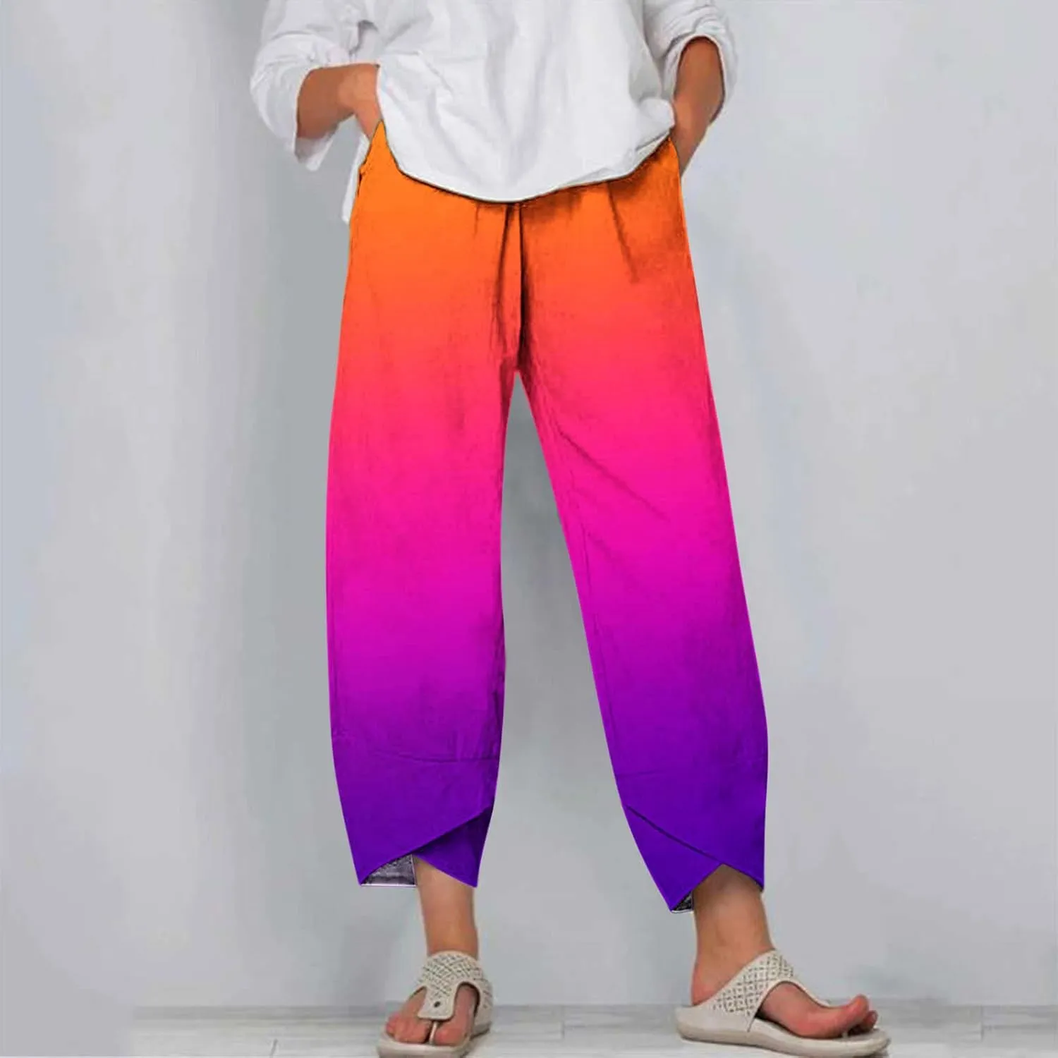 BZGTZT Capri Linen Pants for Women Lounge Pants High Waist Casual Gradient Summer Loose Fit Sweatpants Tapered Trousers