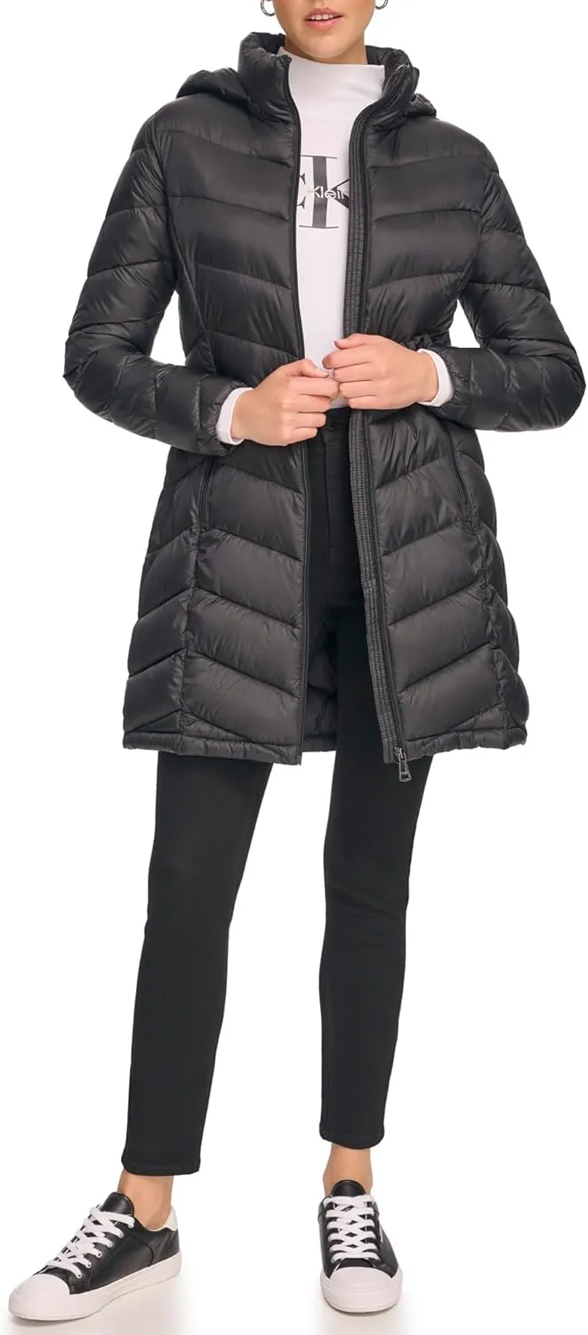 Calvin Klein Women's Everyday Hooded Zip Front Puffer Long Sleeve Coat