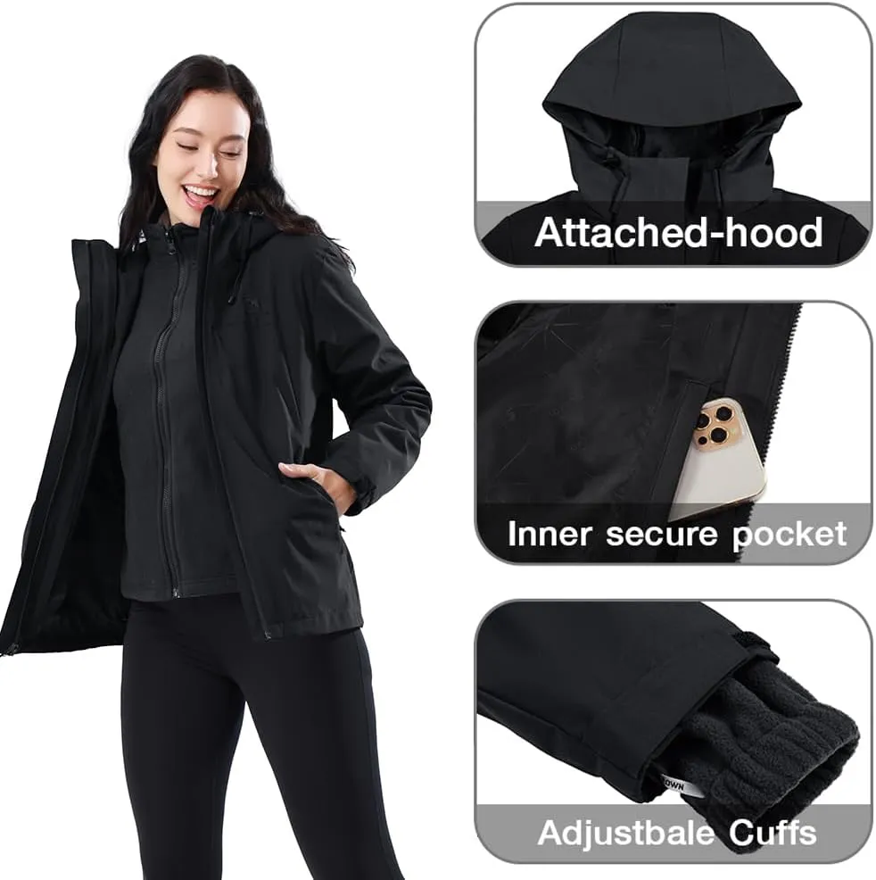 CAMEL CROWN Women's Ski Jacket Waterproof 3 in 1 Winter Coat with Fleece Inner Warm Windproof For Snow Outdoor Hiking