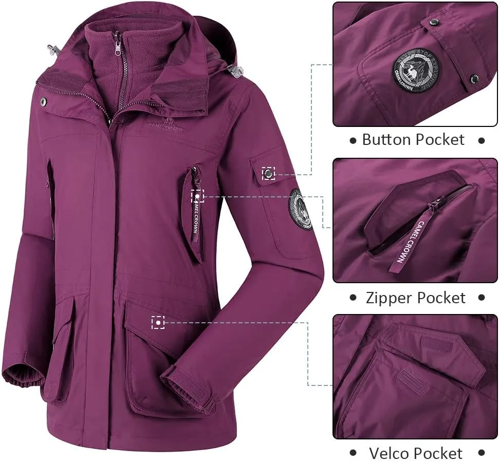 CAMEL CROWN Womens Waterproof Ski Jacket 3-in-1 Windbreaker Winter Coat Fleece Inner for Rain Snow Outdoor Hiking