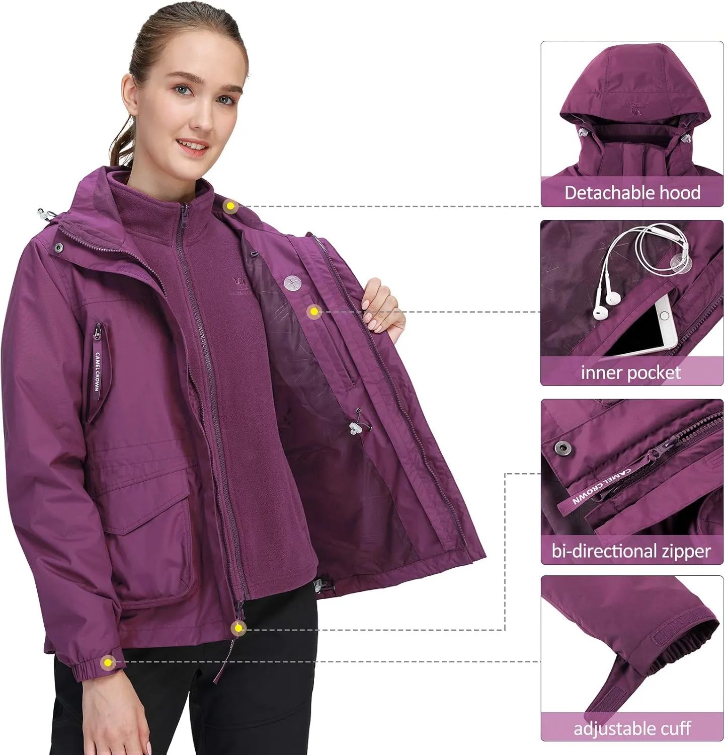 CAMEL CROWN Womens Waterproof Ski Jacket 3-in-1 Windbreaker Winter Coat Fleece Inner for Rain Snow Outdoor Hiking