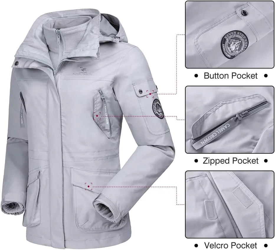 CAMEL CROWN Womens Waterproof Ski Jacket 3-in-1 Windbreaker Winter Coat Fleece Inner for Rain Snow Outdoor Hiking