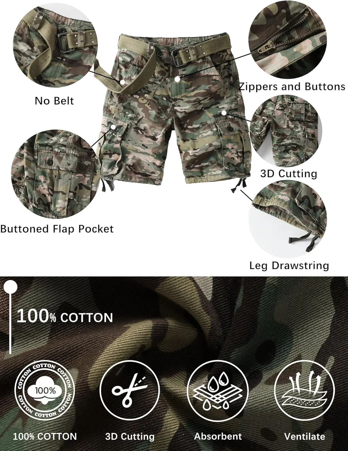 Camo Cargo Shorts for Men Cotton Casual Wild Outdoor Work Relaxed Fit Shorts with Multi-Pockets