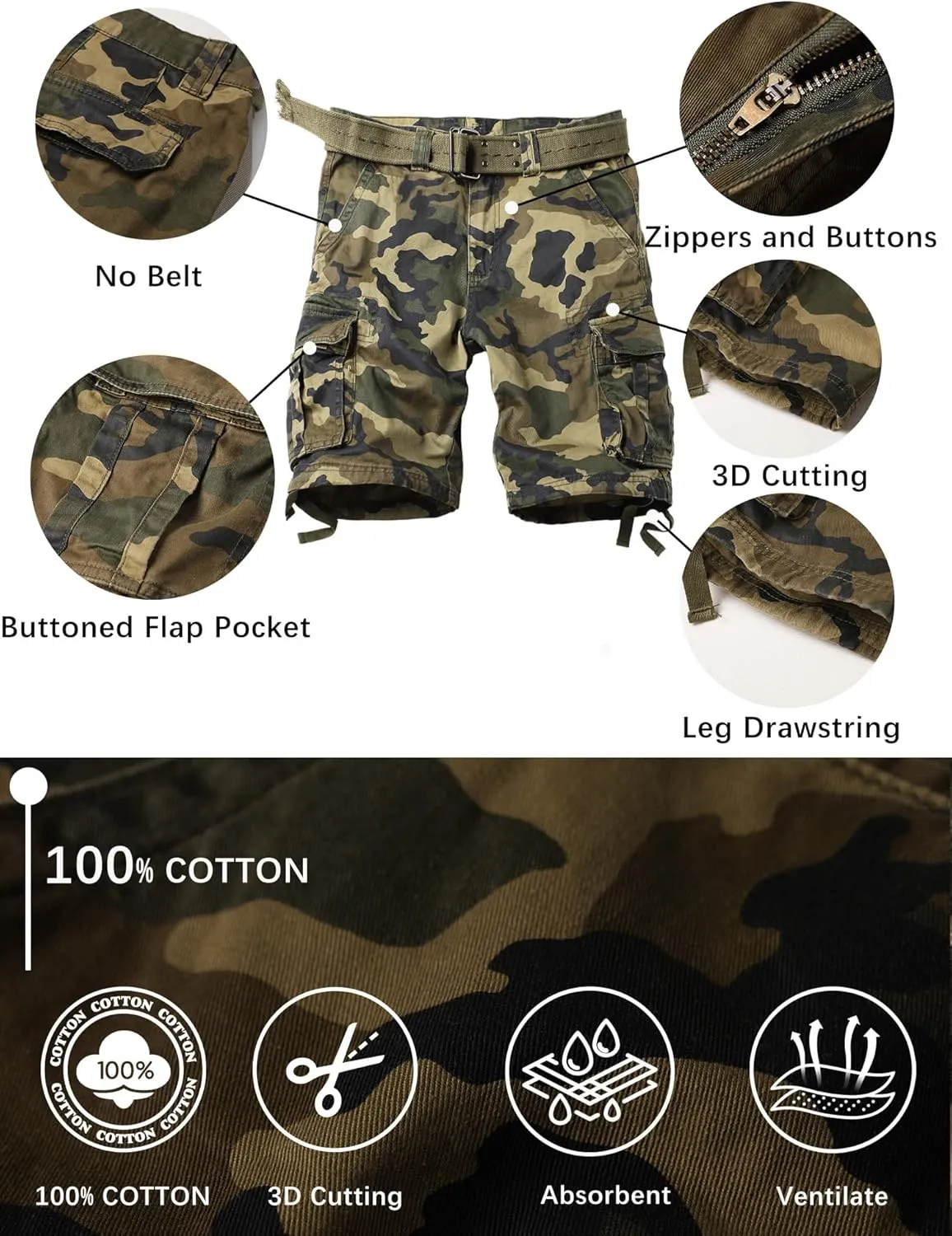 Camo Cargo Shorts for Men Cotton Casual Wild Outdoor Work Relaxed Fit Shorts with Multi-Pockets