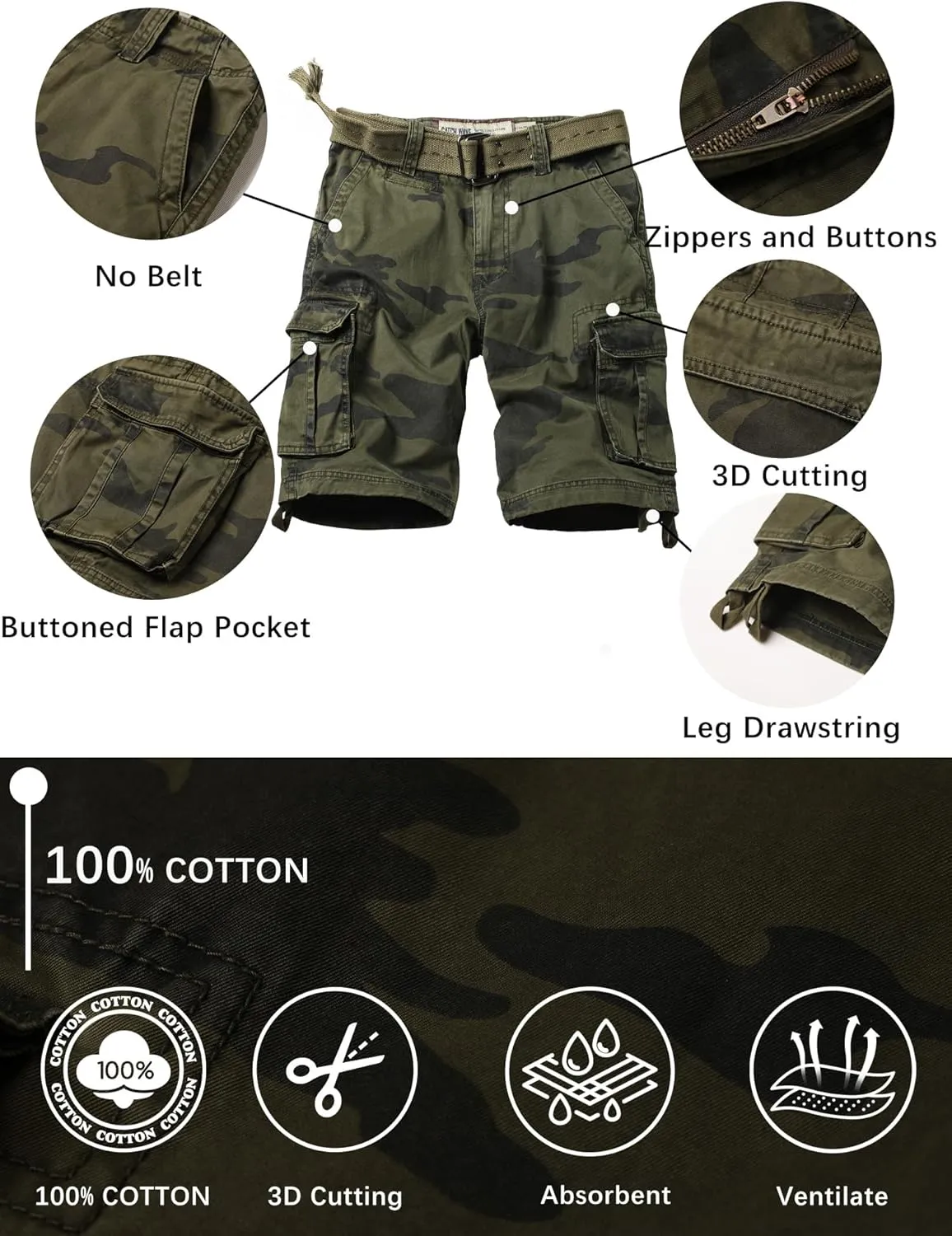 Camo Cargo Shorts for Men Cotton Casual Wild Outdoor Work Relaxed Fit Shorts with Multi-Pockets