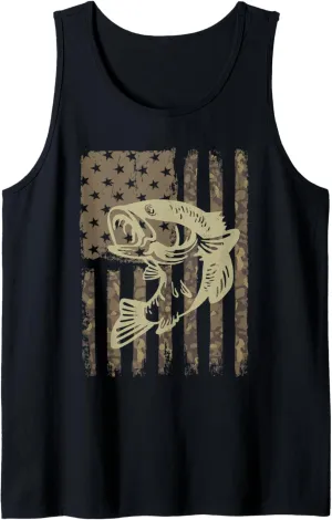 Camouflage USA Flag Big Mouth Bass Vintage Fishing Tank Top