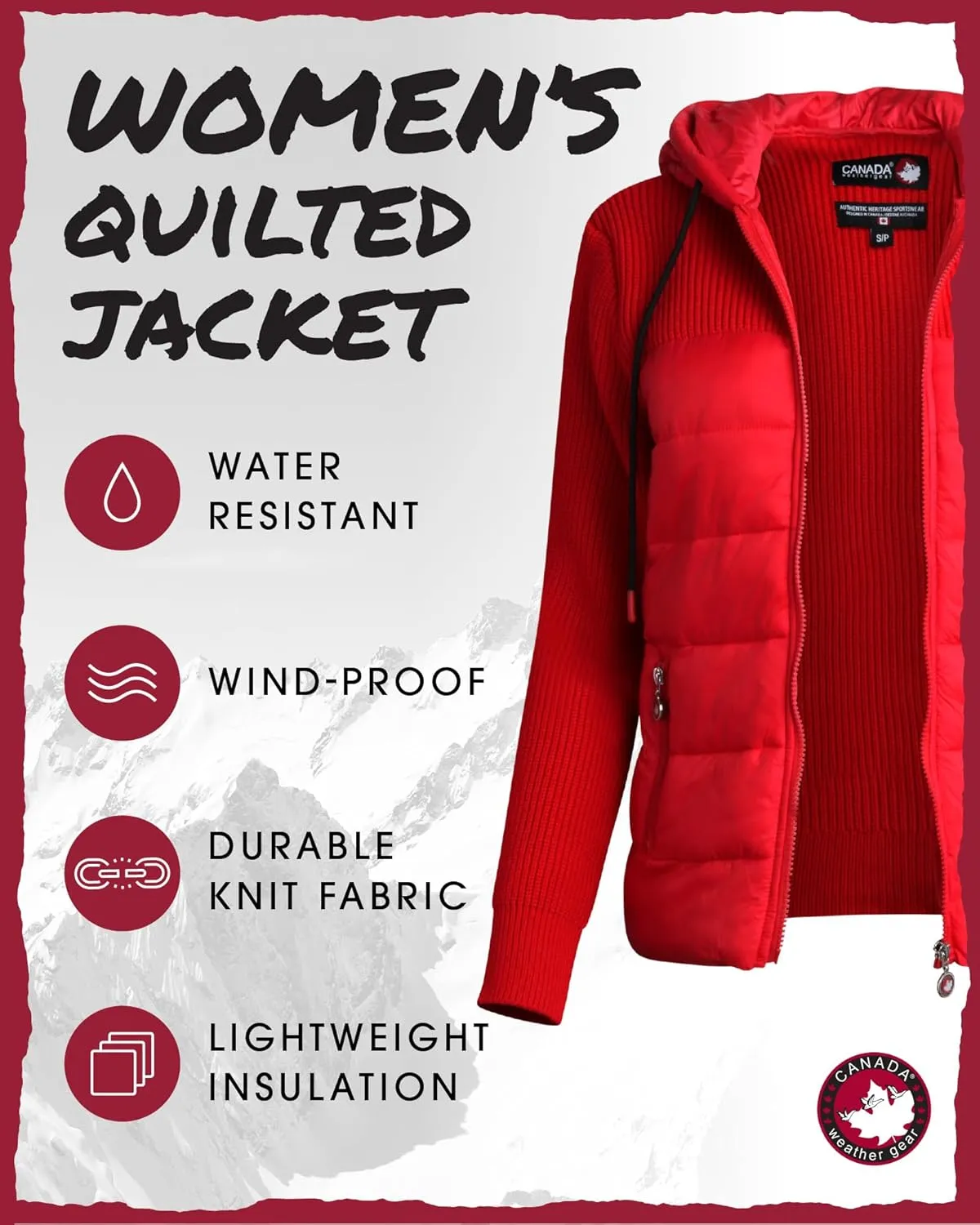 CANADA WEATHER GEAR Women's Lightweight Quilted Jacket - Weather Resistant Winter Jacket with Knitted Sleeves and Yoke (S-XL)