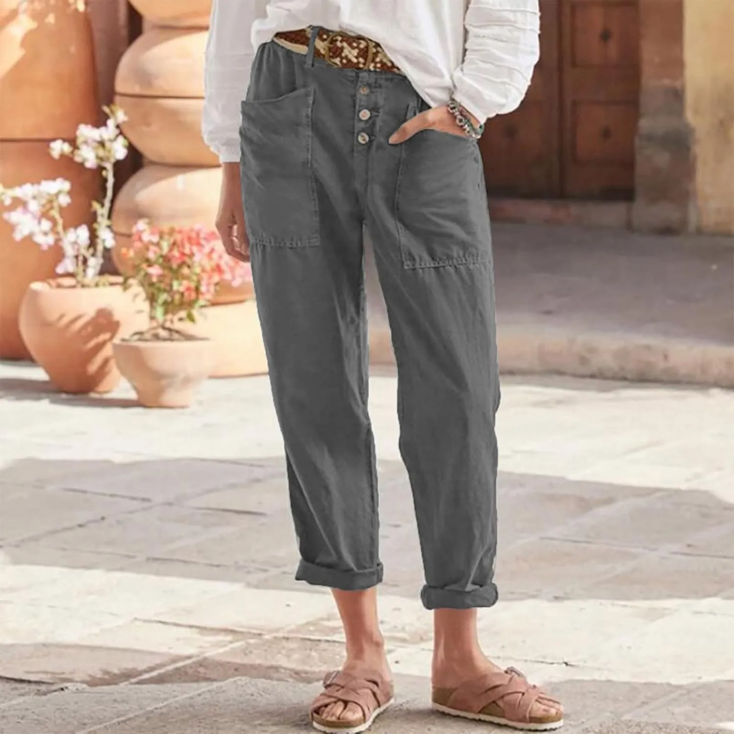 Capri Linen Pants for Women Cropped Straight Leg High Waisted Dress Pants Plus Size Ankle Casual Summer Pants 2025
