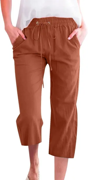Capri Linen Pants Women Summer Casual 2025 Travel Drawstring Elastic High Waist Straight Wide Leg Cropped Trousers