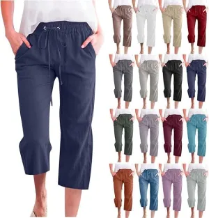 Capri Pants for Women Casual Summer Elastic High Waist Drawstring Linen Straight Cropped Trouser Comfy Beach Pants