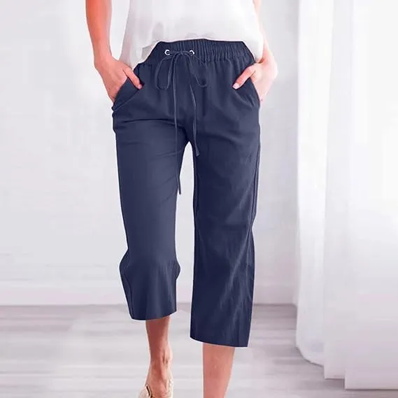 Capri Pants for Women Casual Summer Elastic High Waist Drawstring Linen Straight Cropped Trouser Comfy Beach Pants