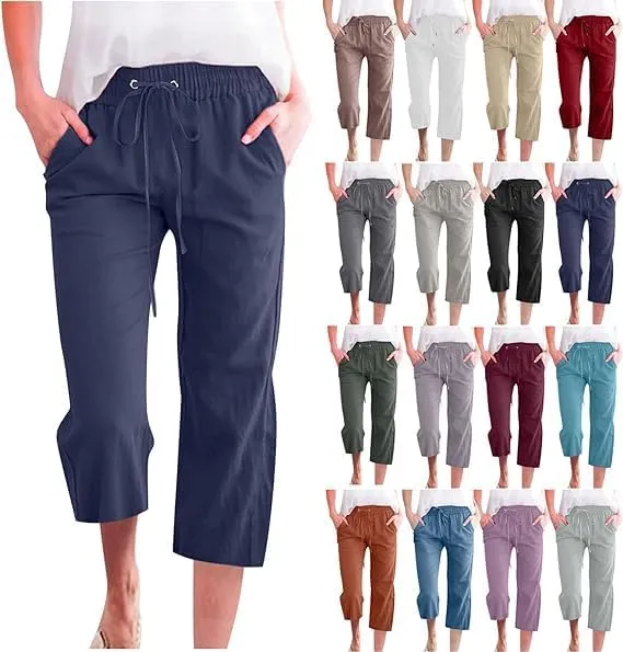 Capri Pants for Women Casual Summer Elastic High Waist Drawstring Linen Straight Cropped Trouser Comfy Beach Pants