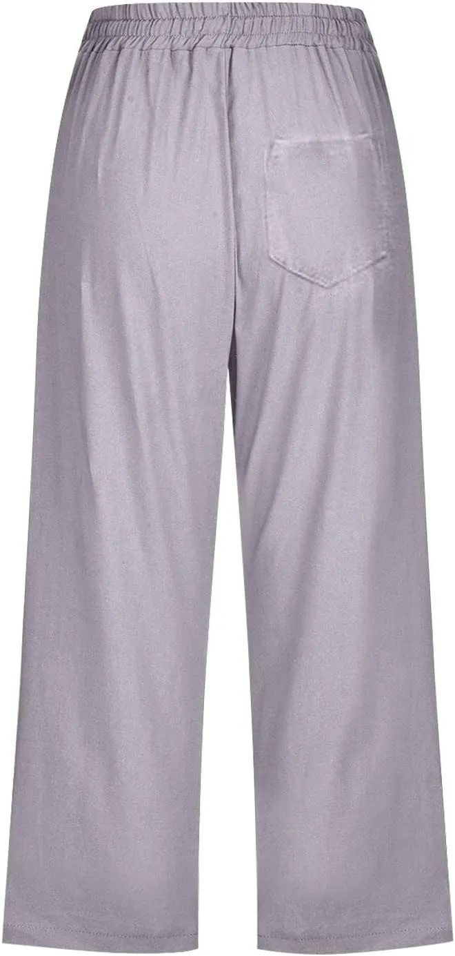 Capri Pants for Women Dressy 2025 Cotton Linen Summer Straight Wide Leg Drawstring Elastic Waist Cropped Trouser