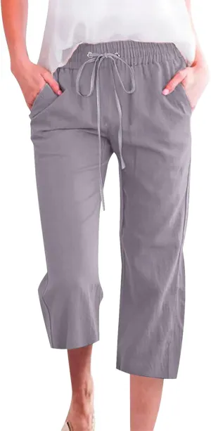 Capri Pants for Women Dressy 2025 Cotton Linen Summer Straight Wide Leg Drawstring Elastic Waist Cropped Trouser