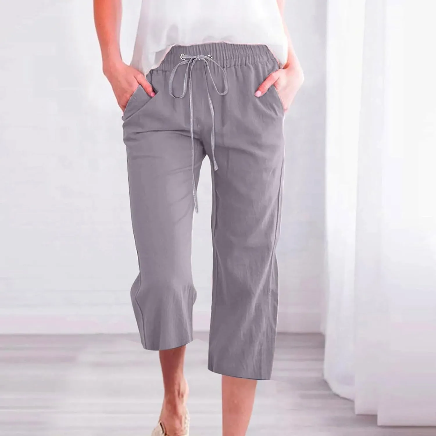 Capri Pants for Women Dressy 2025 Cotton Linen Summer Straight Wide Leg Drawstring Elastic Waist Cropped Trouser