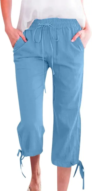 Capris Pants for Women Cotton Linen Casual Summer 2025 Straight Wide Leg Loose Drawstring Elastic Waist Cropped Trouser S-5X