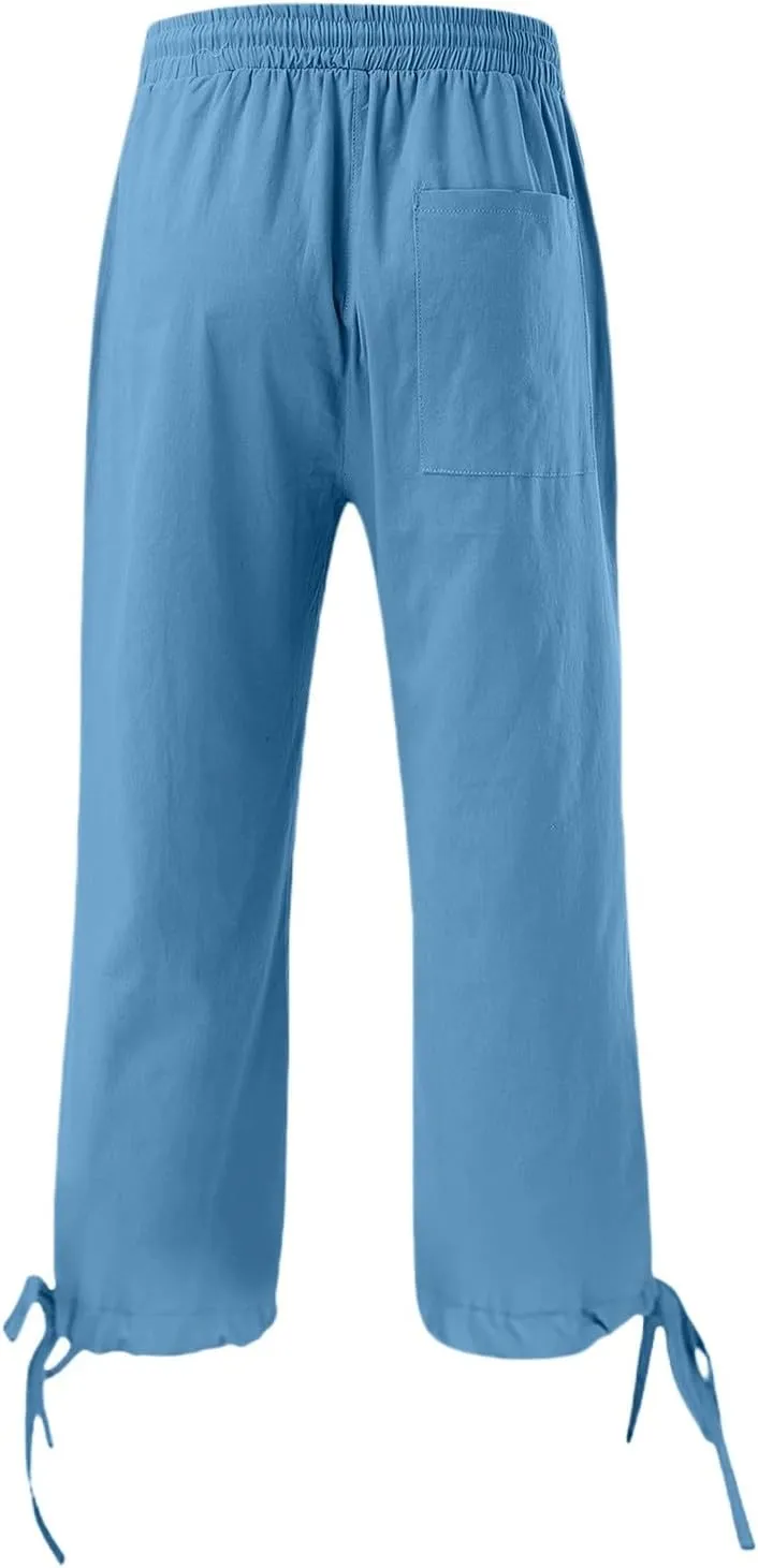 Capris Pants for Women Cotton Linen Casual Summer 2025 Straight Wide Leg Loose Drawstring Elastic Waist Cropped Trouser S-5X