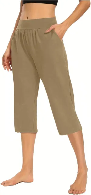 Cbcbtwo High Waisted Capri Pants for Women 2025 Summer Lightweight Stretch Comfy Yoga Pants Elastic Waist Wide Leg Loose Pant