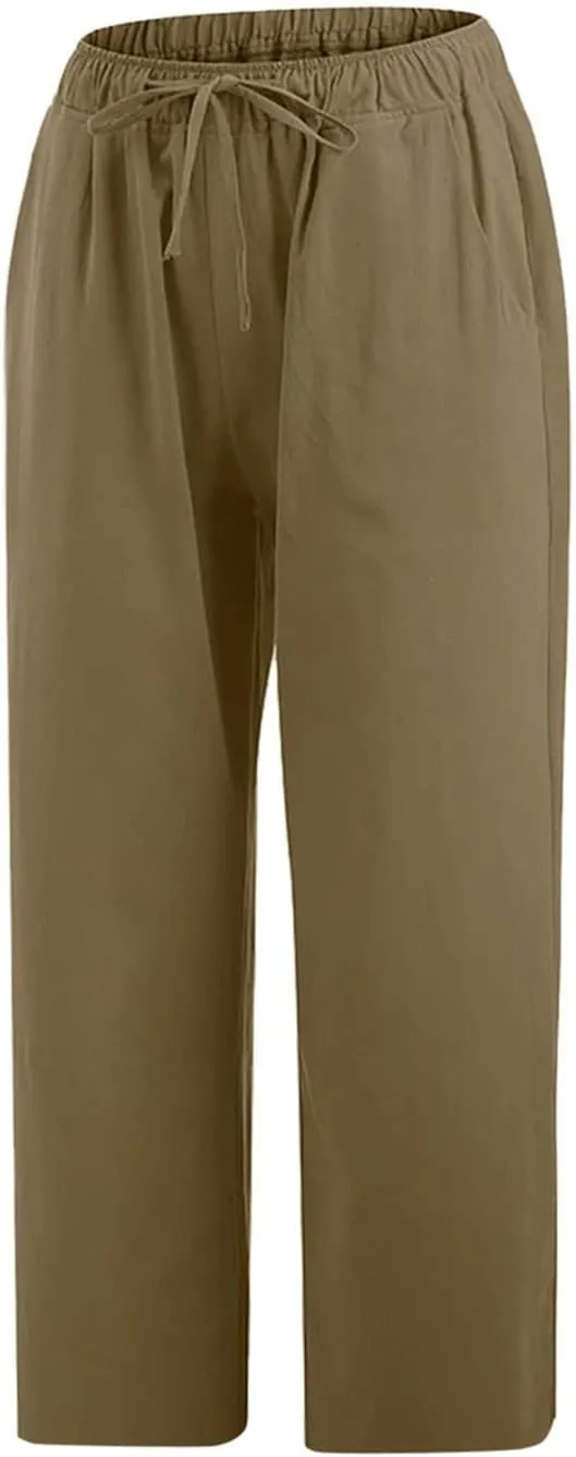 Ceboyel Women Summer Causal Linen Pants Drawstring Wide Leg Trousers Ankle Length Beach Pants Straight Leg Cropped Pants