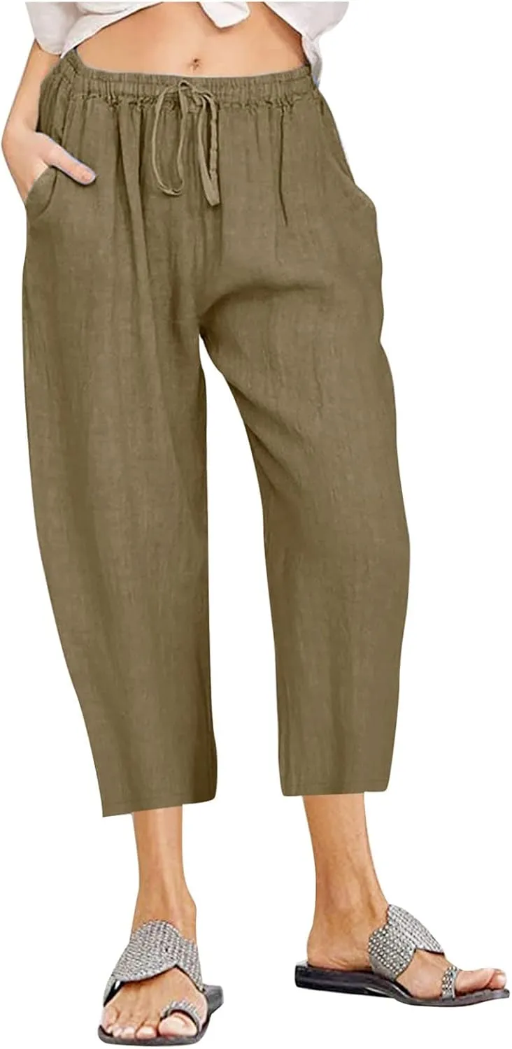 Ceboyel Women Summer Causal Linen Pants Drawstring Wide Leg Trousers Ankle Length Beach Pants Straight Leg Cropped Pants