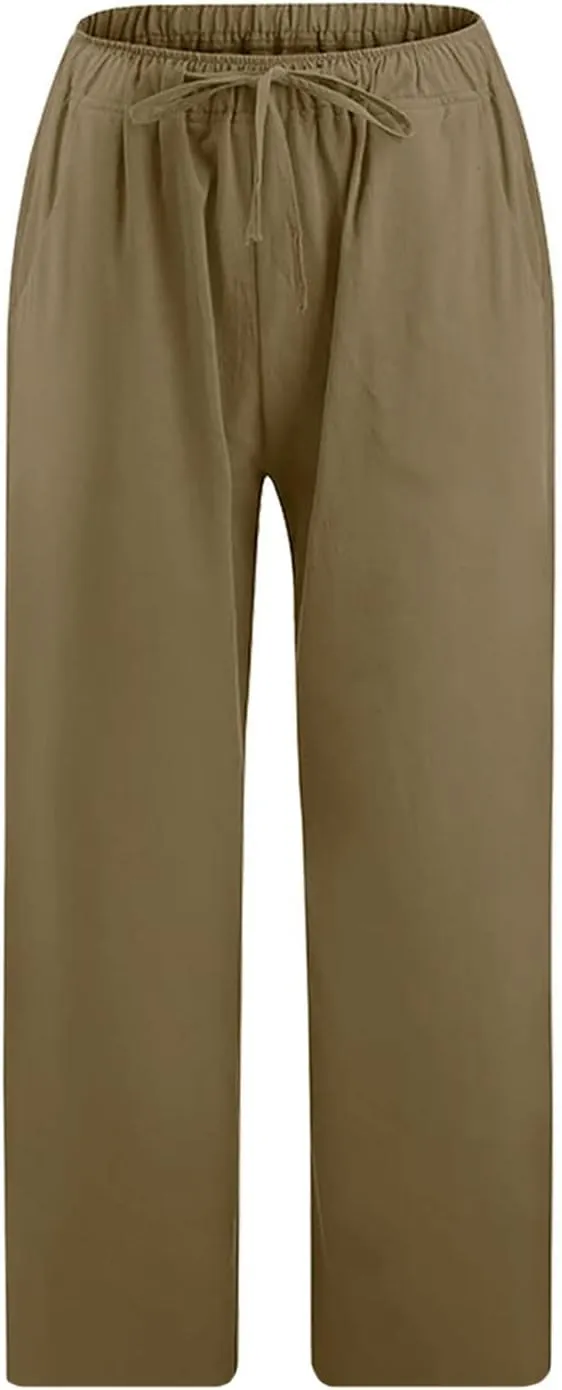 Ceboyel Women Summer Causal Linen Pants Drawstring Wide Leg Trousers Ankle Length Beach Pants Straight Leg Cropped Pants