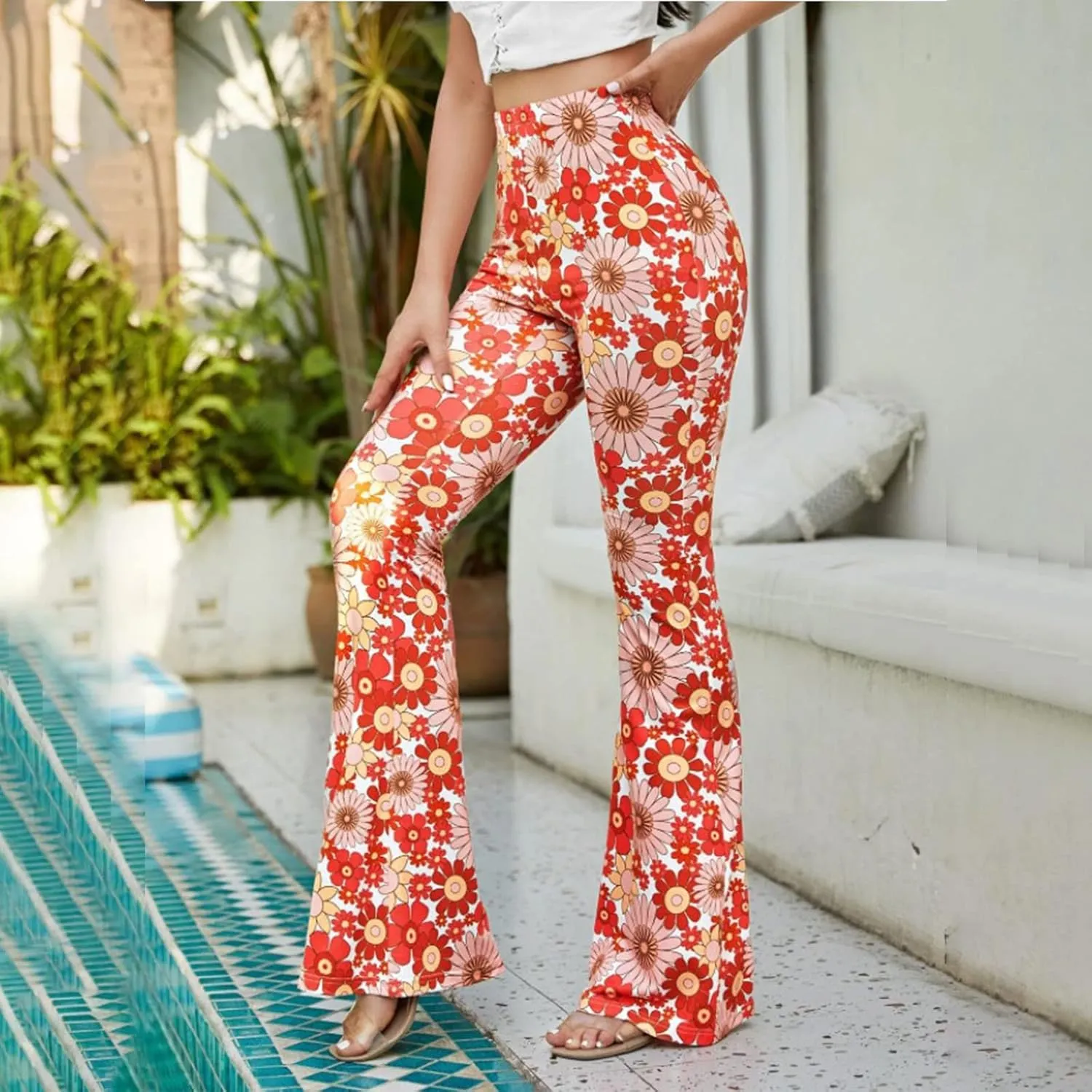 Ceboyel Womens Floral Print Boho Flare Pants Bell Bottoms Trousers High Elastic Waist Palazzo Lounge Pants 70S Outfits